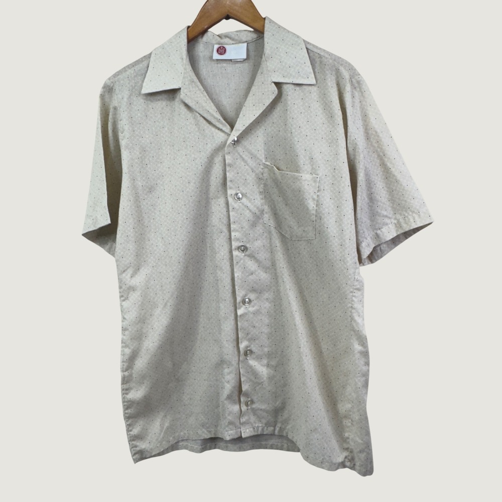 Sears Kings Road Shirt Mens M Beige Vintage 70s Polka Dot Short Sleeve Button Up